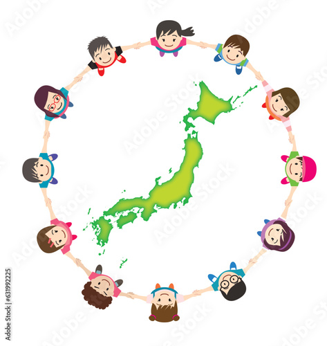 上から見た手を繋ぎ日本列島を中心に円陣を組む子供、小学生たちの俯瞰イラスト　