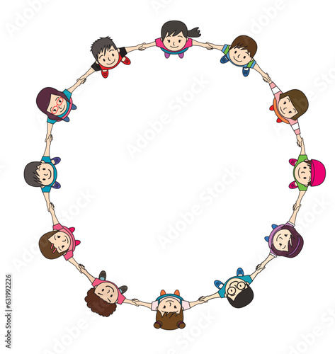上から見た手を繋ぎ円陣を組む子供、小学生たちの俯瞰イラスト　白背景　主線あり