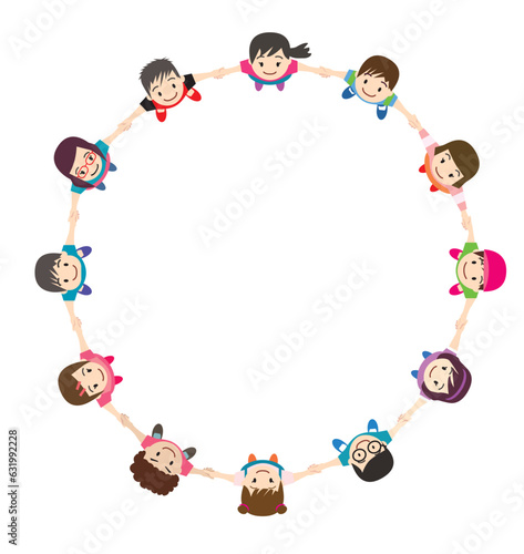 上から見た手を繋ぎ円陣を組む子供、小学生たちの俯瞰イラスト　白背景　