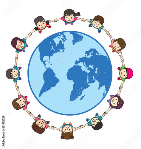 上から見た手を繋ぎ地球を中心に円陣を組む子供、小学生たちの俯瞰イラスト　主線あり