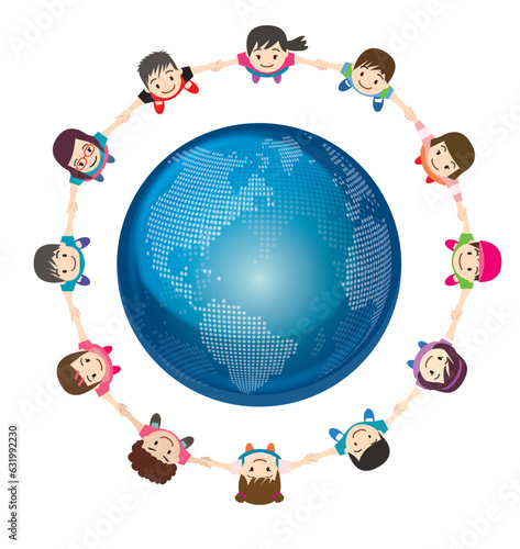 上から見た手を繋ぎ地球を中心に円陣を組む子供、小学生たちの俯瞰イラスト　