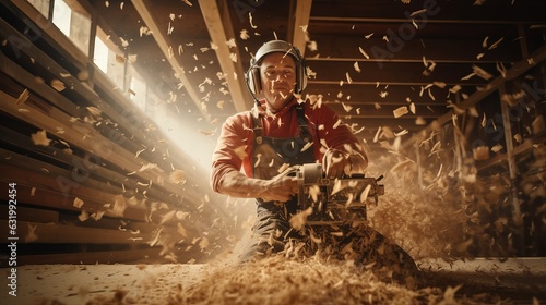 A sawmill worker in action, flying wood chips photo