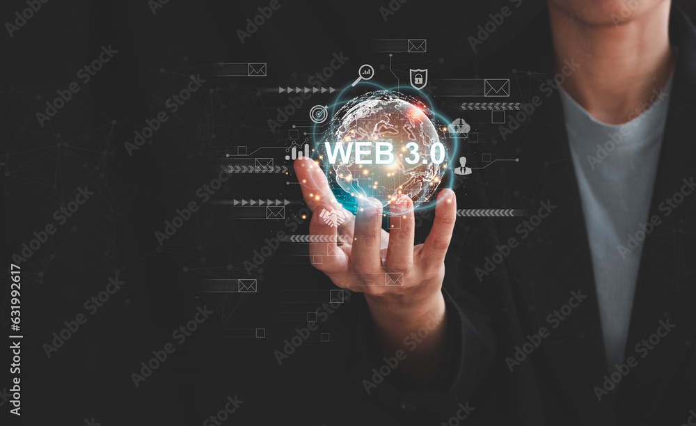Web 3.0 concept image with businessman hand show web 3.0 with globe. Technology global network, Blockchain Future Technology, Global Futuristic, website internet development, global business. Web 3.0 concept image with businessman hand show web 3.0 with globe. Technology global network, Blockchain Future Technology, Global Futuristic, website internet development, global business.