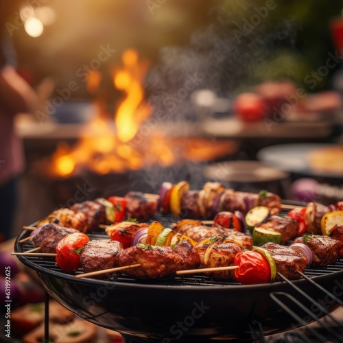 Barbeque grill with delicious grilled meat and vegetables on blurred party people background