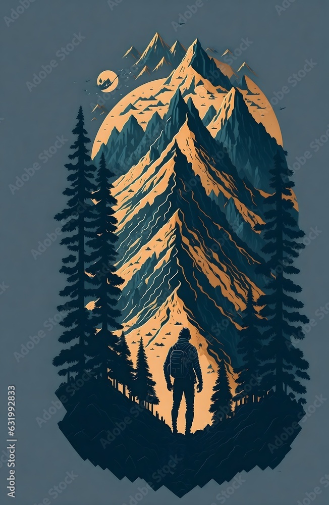 Vector illustration on the theme of Climbing, Trekking, Hiking, Walking. Sports, outdoor recreation, adventures in nature, vacation. Wanderlust. Downshifting - Ai