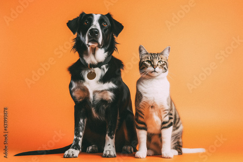 Dog and cat sitting for photo isolated on orange studio background © Ricardo Costa