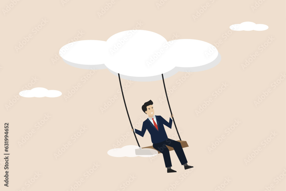 Business opportunity, leadership vision to see corporate strategy to achieve target concept, savvy entrepreneur sits on a high swing in the cloud to seek business visionary. Business opportunity, leadership vision to see corporate strategy to achieve target concept, savvy entrepreneur sits on a high swing in the cloud to seek business visionary.