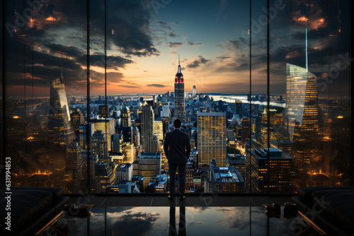 photograph of Person standing in front of a large glass window, looking out at the city skyline, representing the idea of of clear vision and a long-term perspective in achieving business success.