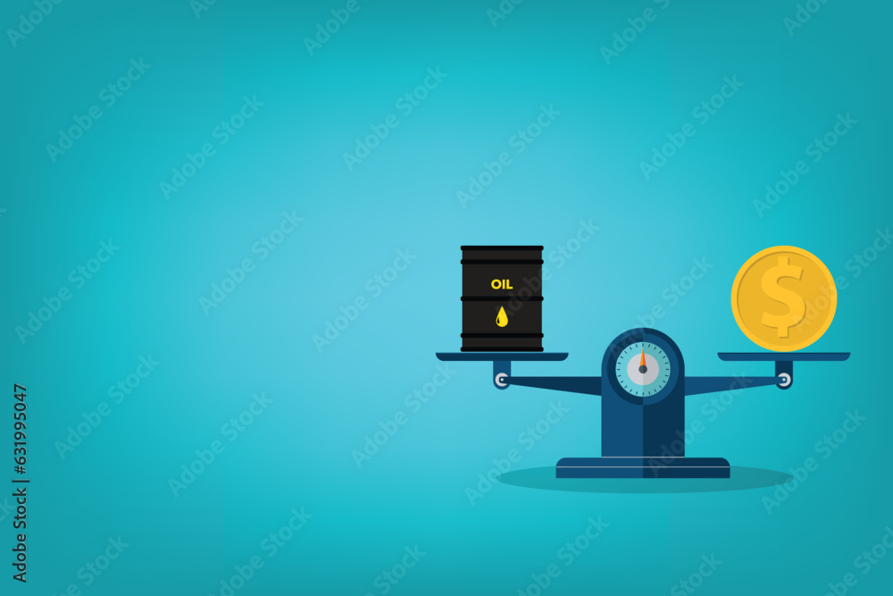 Naklejka premium Oil price. Scales with oil barrel and gold, dollar coin. 