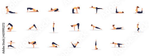 Set of slim sportive young woman doing yoga fitness exercises. Healthy lifestyle. Collection of female cartoon characters demonstrating various yoga positions - Vector set