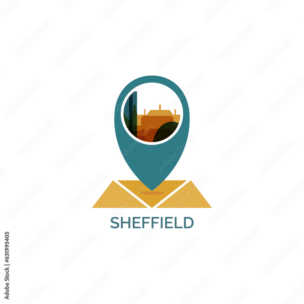 UK, England, Sheffield map pin point, geolocation icon, skyline shape vector logo, isolated illustration. United Kingdom, South Yorkshire townscape emblem concept with landmarks and buildings UK, England, Sheffield map pin point, geolocation icon, skyline shape vector logo, isolated illustration. United Kingdom, South Yorkshire townscape emblem concept with landmarks and buildings