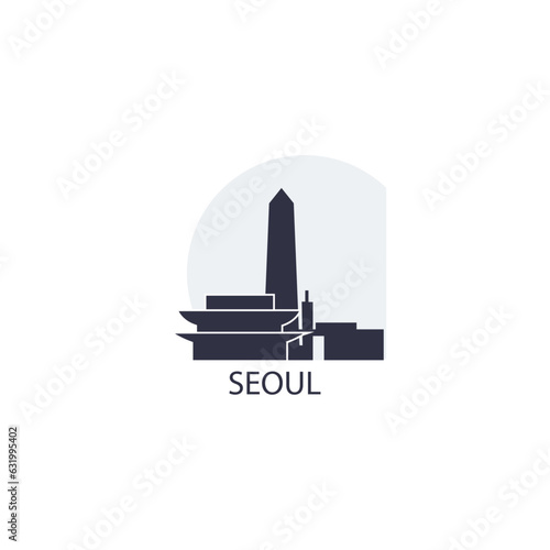 South Korea, Seoul cityscape, skyline, panorama vector flat logo, icon. Asian Korean city emblem contour with landmarks and buildings at sunrise, sunset