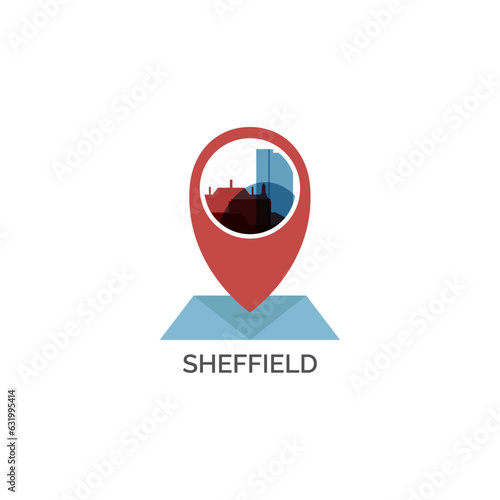 UK South Yorkshire England Sheffield map pin point geolocation skyline shape pointer vector logo icon isolated illustration. United Kingdom web emblem idea with landmarks and building silhouettes photo