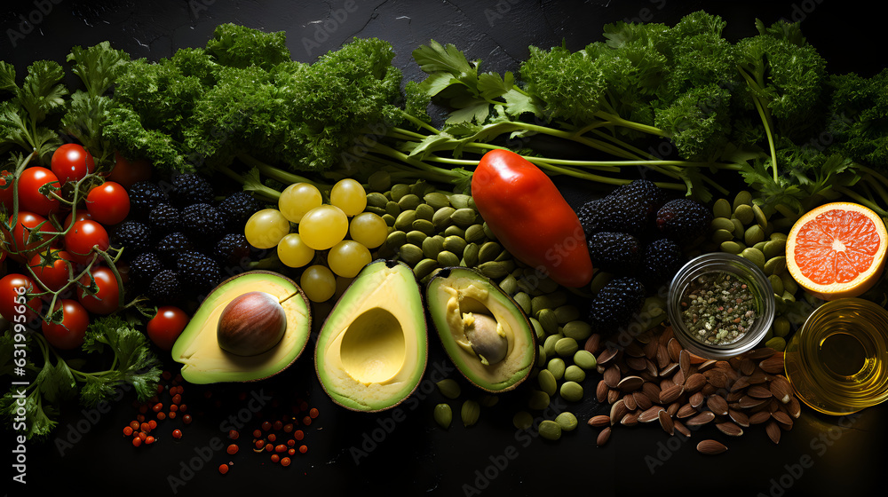 Border liver detox diet food concept, fruits, vegetables, nuts, olive