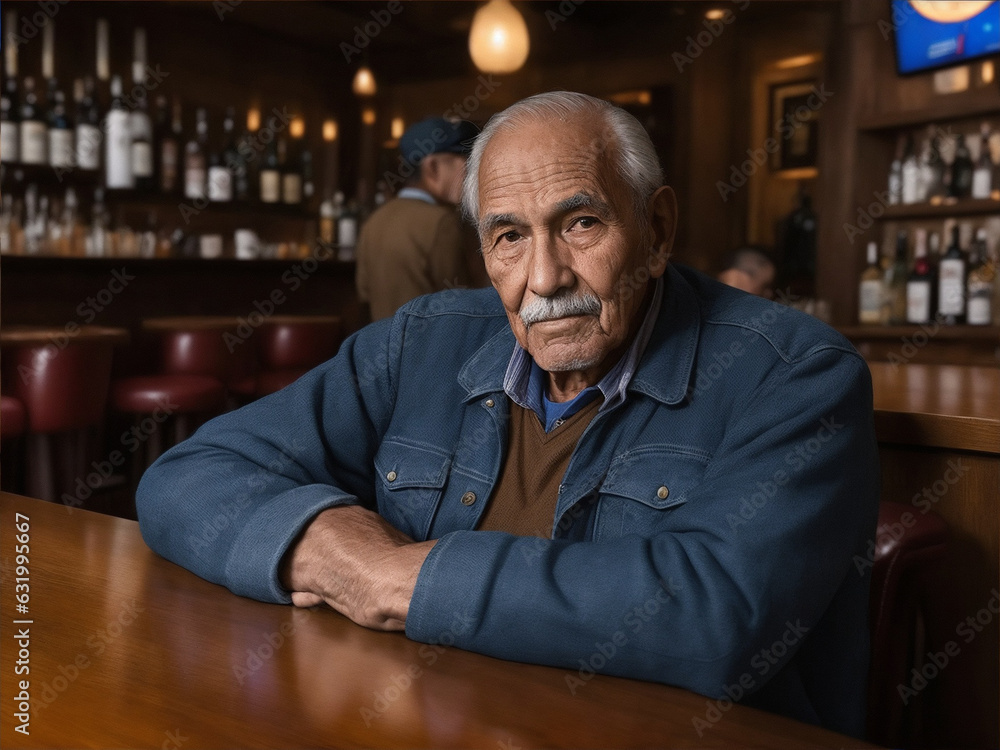A elder man sits in a bar wearing a brown jacket and a blue shirt by Generative AI A elder man sits in a bar wearing a brown jacket and a blue shirt by Generative AI