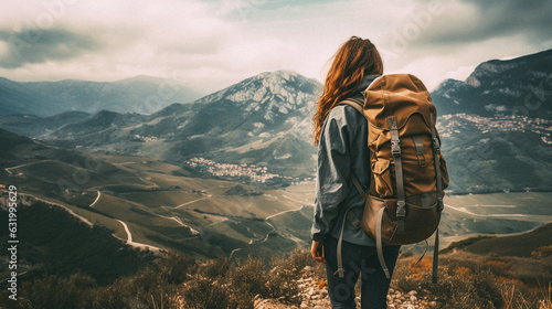 Woman with backpack walking on mountains