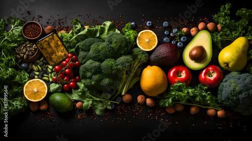 Border liver detox diet food concept, fruits, vegetables, nuts, olive oil, garlic. Cleansing the body, healthy eating. Top view, flat lay Generative AI © kitti