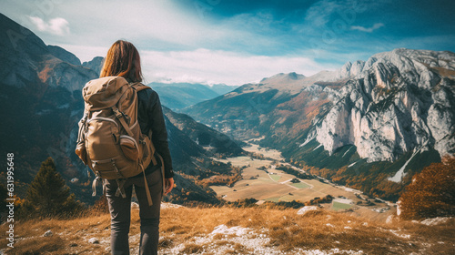 Woman with backpack walking on mountains