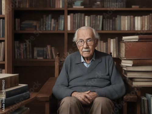 Realistic photo of elderly man sits in front of a bookshelf with books on the shelves behind him by Generative AI
