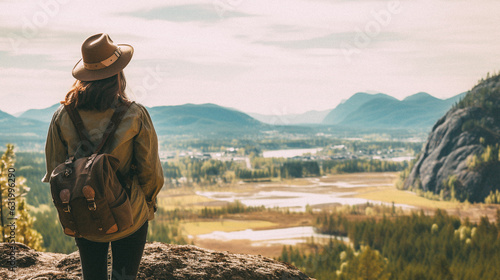 Woman looking towards mountains