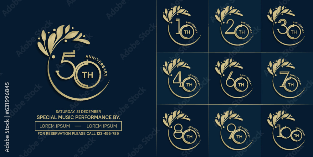 set of anniversary logotype golden color with swoosh and ornament for special celebration event - obrazy, fototapety, plakaty 