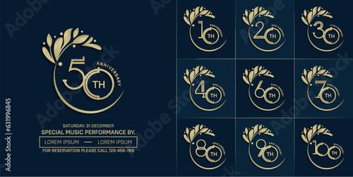 set of anniversary logotype golden color with swoosh and ornament for special celebration event