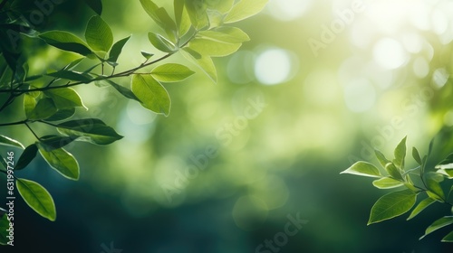 Beautiful natural spring summer defocused panoramic background frame with fresh juicy foliage and bokeh outdoors in nature. Generative AI © piai