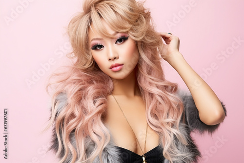 Portrait of Asian woman with bleached hair and makeup in Japanese Gyaru fashion style