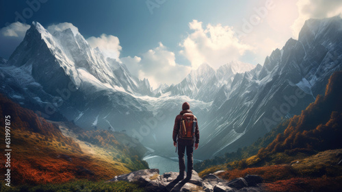 Backpacker against a majestic mountain landscape. Generative AI