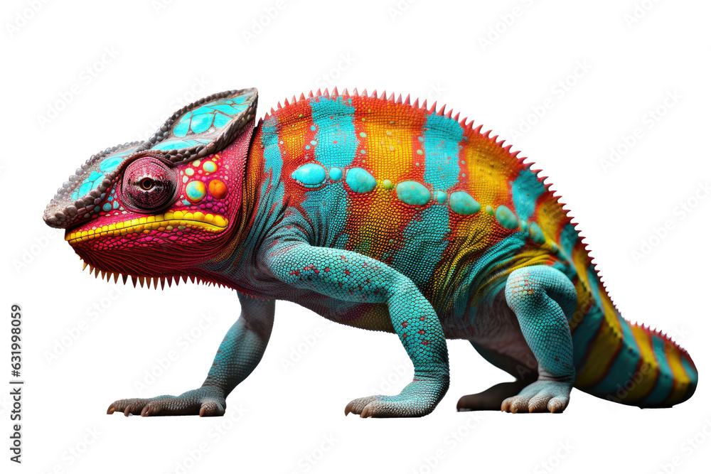 Obraz premium Abstract of lizard chameleon portrait isolated on white background with multi colored colorful on skin body and scales paint, reptile animal, Vibrant bright, with Generative AI.