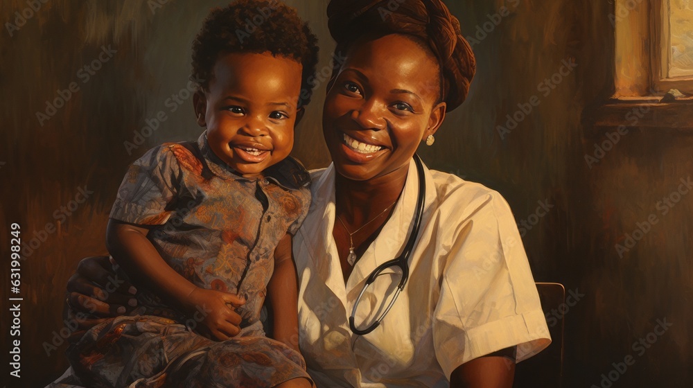 Dark-skinned doctor listens with a stethoscope to the breast of a child  and smiles