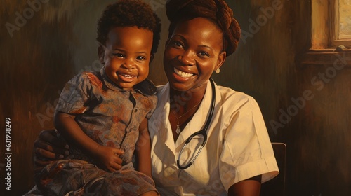 Dark-skinned doctor listens with a stethoscope to the breast of a child and smiles