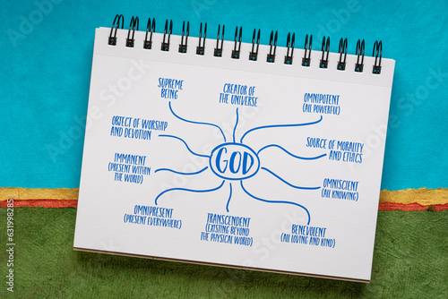 God - religious and philosophical concept, infographics or mind map sketch in a notebook