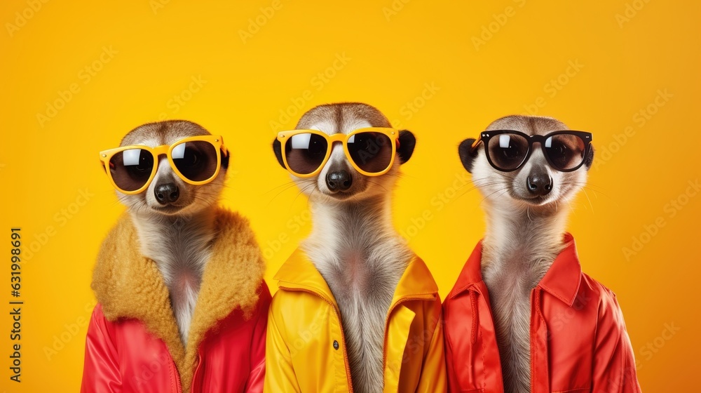 Group of Meerkat with sunglasses. Generative AI