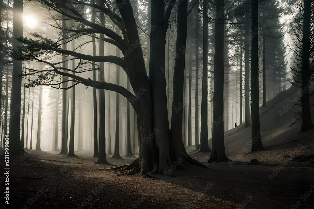 Naklejka premium misty morning in the forest