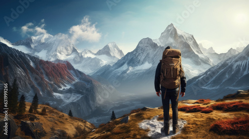Backpacker against a majestic mountain landscape. Generative AI