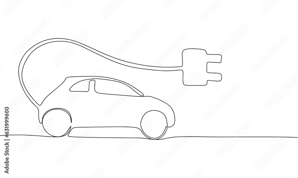 Electric car with plug. One line continuous concept electric car banner. Line art, outline, silhouette, vector illustration. Electric car with plug. One line continuous concept electric car banner. Line art, outline, silhouette, vector illustration.