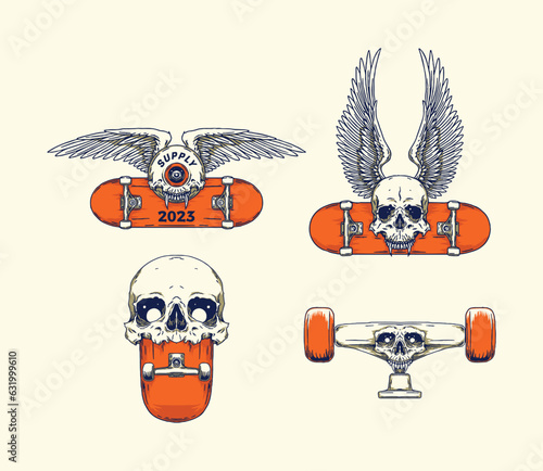 Set Collection Vintage Handdrawn Skull Skateboarding vector illustration