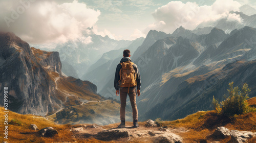 Backpacker against a majestic mountain landscape. Generative AI © piai