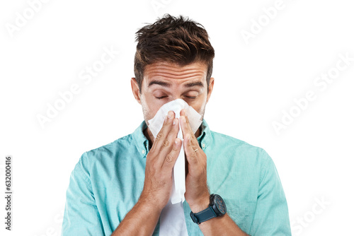 Allergy, blowing nose or man sick with hay fever illness, flu disease or virus by sneezing with tissue. Sinus bacteria, face or male person with toilet paper isolated on transparent png background