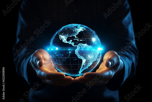 Hand holding touching glowing blue earth hologram on dark black background. Business and innovative technology concept. Modern tech and metaverse theme. Generative AI