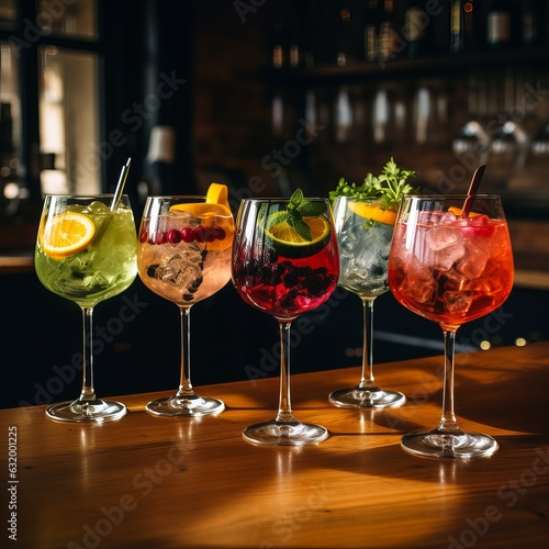 colorful gin tonic cocktails in wine glasses on bar counter in pup or restaurant