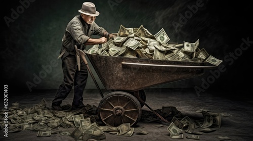 man pushing a wheelbarrow full of money. 

Made with the highest quality generative AI tools photo