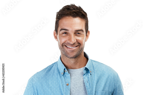 Portrait of man with smile, casual fashion and confident in Portugal isolated on transparent png background. Denim shirt, relax and real face of happy male model in trendy modern style with pride. © Bharat Krunal/peopleimages.com