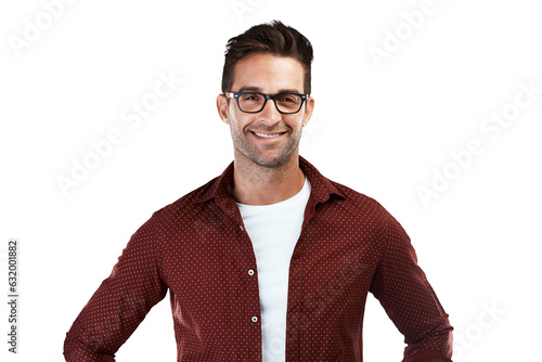 Confident, smile and portrait of a businessman with vision glasses isolated in transparent or png background. Happy, intelligent and person or entrepreneur new stylish eyewear or frames for optometry photo