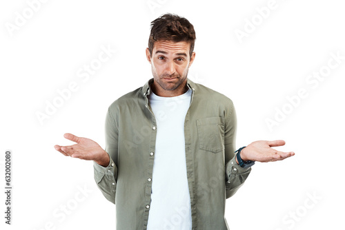 Person, portrait and dont know hands isolated on transparent png background for choice, solution and decision doubt. Man face, confused and questions gesture with why, emoji and wondering in shrug