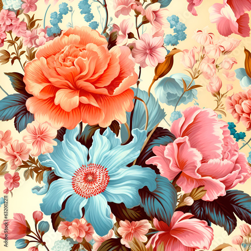 seamless pattern with pink flowers,orange,leaf,beauty,bulo,Ai generated