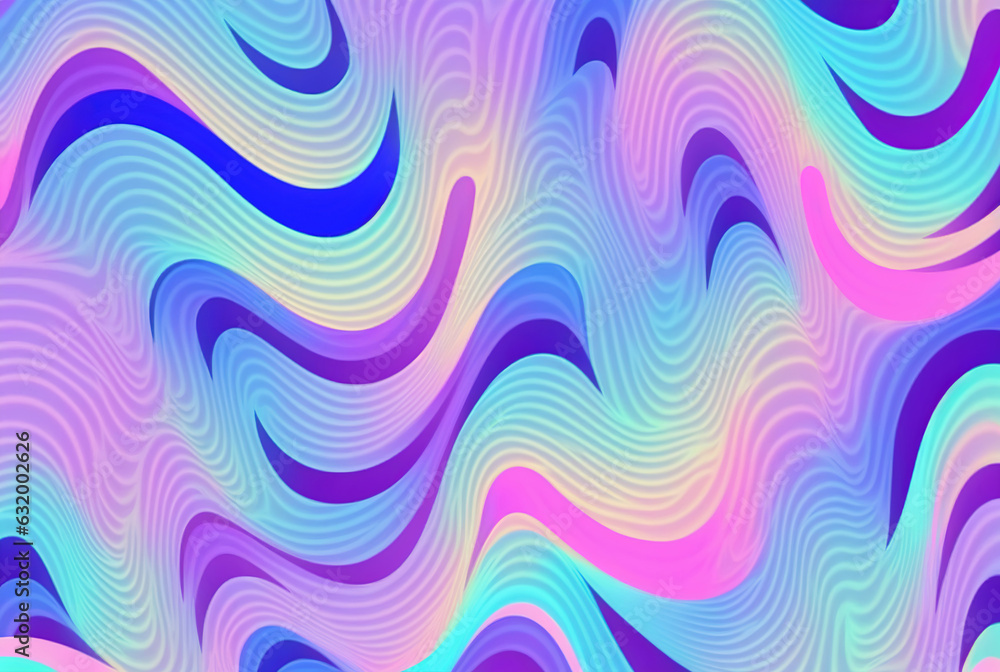 Neon waves. Psychedelic background. Iridescent cyan blue pink purple color glowing curves lines ripple texture pattern art illustration abstract background.