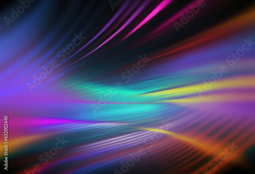 Blur neon rays. Light motion. Defocused bright fluorescent pink blue orange color gradient glowing curves trail on dark black art illustration abstract copy space background.