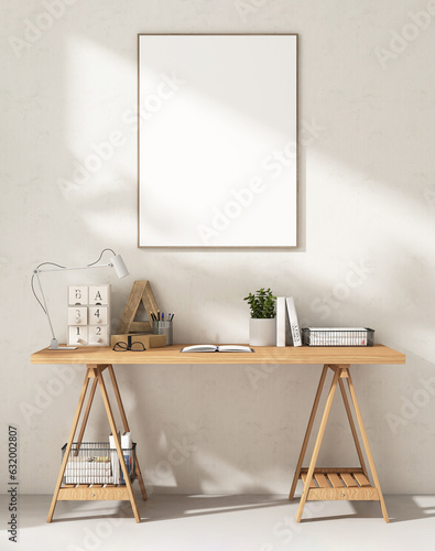 Canvas Print Blank large white photo poster wood frame on white wall, wooden trestle table de